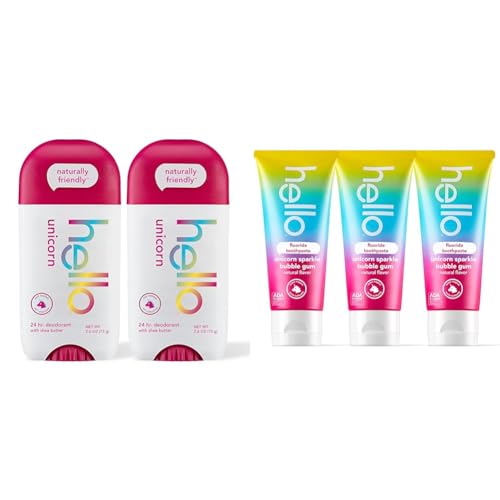 hello Unicorn Aluminum Free Deodorant for Women & Unicorn Sparkle Kids Fluoride Toothpaste, Natural Bubble Gum Flavor, ADA Approved, Ages 2+, No Artificial Sweeteners, No SLS
