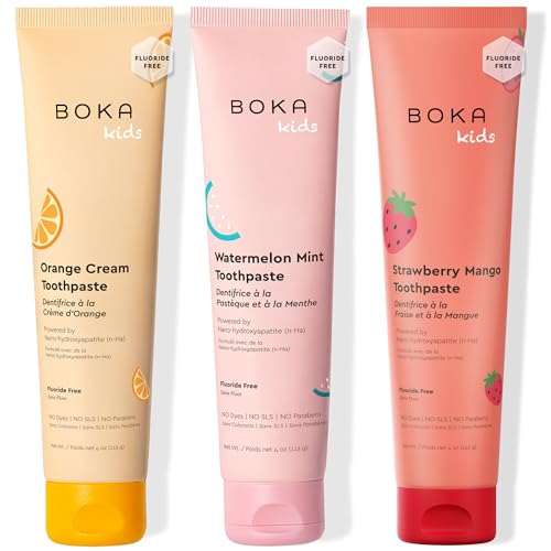 Boka Kids Toothpaste - Fluoride Free Nano Hydroxyapatite Toothpaste 4 Ounce (Pack of 3) F. Orange Cream, Watermelon Mint, Strawberry Mango