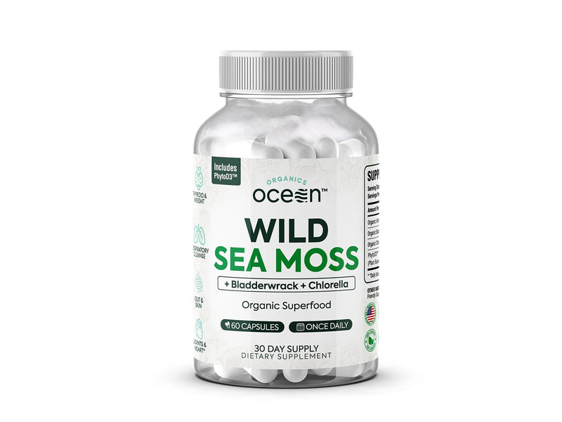 Organics Ocean Wild Sea Moss Capsules - 100% Organic Irish Sea Moss with Organic Chlorella, Bladderwrack and Vitamin D for Energy, Lung Health and Thyroid Support for Women and Men - 60 Capsules 60 Count (Pack of 1)