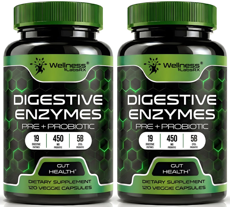 Digestive Enzymes with Probiotics and Prebiotics 450mg, 240 Count | 5 Billion CFU, Women & Men, Gut Health, Bloating & Digestion Support, Enzimas Digestivas, 2 Pack 120 Count (Pack of 2)