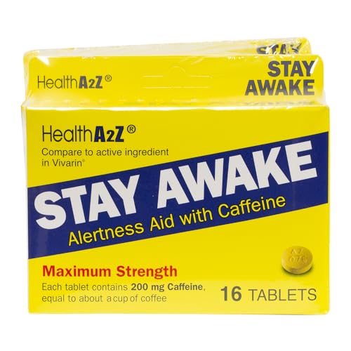 HealthA2Z® Stay Awake, Caffeine 200mg, Maximum Strength Alertness Aid, 48 Tablets (Pack of 3, 16 Tablets Each) 16 Count (Pack of 3)