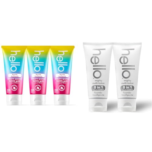 hello Unicorn Sparkle Kids Fluoride Toothpaste, Natural Bubble Gum Flavor, ADA Approved, Ages 2+ & Mighty Multitasker Fluoride Toothpaste, 8-in-1 Toothpaste with Minty Flavor, Anticavity