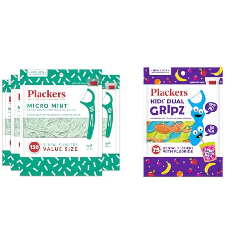 Plackers Micro Mint Dental Flossers, Fold-Out Toothpick, Super Tuffloss, Easy Storage & Kids Dual Gripz Floss Picks with Double Grip Handle, Wild Berry Flavor, Colorful Floss Picks