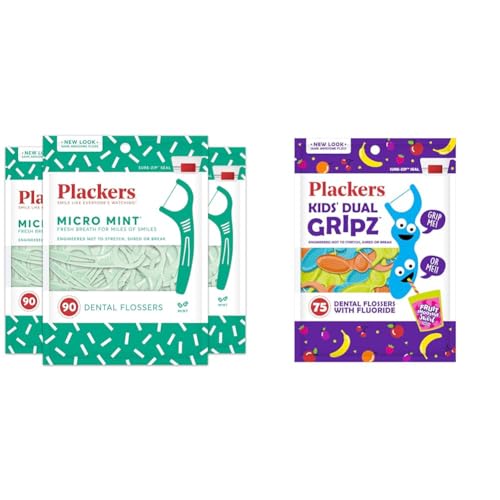 Plackers Micro Line Dental Floss Picks, Fold-Out FlipPick, Tuffloss, Easy Storage with Sure-Zip Seal & Kids Dual Gripz Floss Picks with Double Grip Handle, Wild Berry Flavor, Colorful Floss Picks