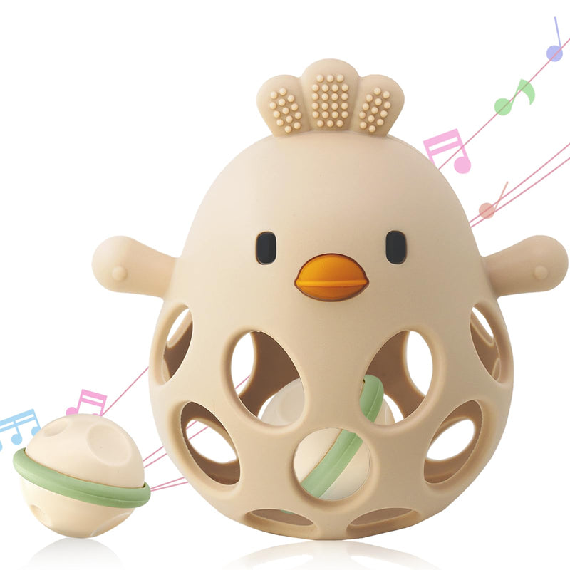 2-in-1 Baby Teething Rattle Toy, Sensory Grasping Teether for Infants 3-12 Months, 100% Food-Grade Silicone, Easy to Hold, Soothing & Developmental, BPA Free Beige w/Rattle