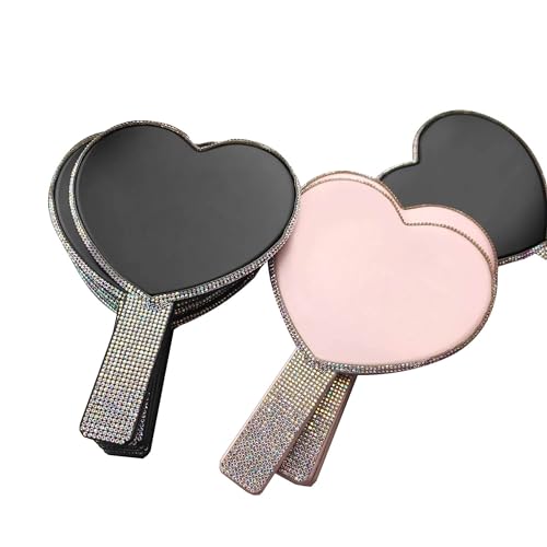 Generic Luxury 2 Pc Bling Diamond Rhinestone Heart Shaped Handheld Cosmetic Travel Mirror (Pink and Black)