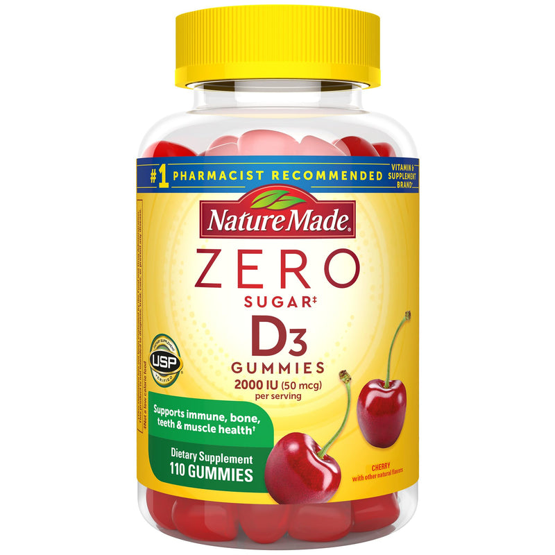 Nature Made Zero Sugar Vitamin D3 Gummies 2000 IU (50 mcg) per Serving, Immune, Bone, Teeth & Muscle Support Supplement, 110 Sugar Free Vitamin D Gummies, 55 Day Supply - BeesActive Australia