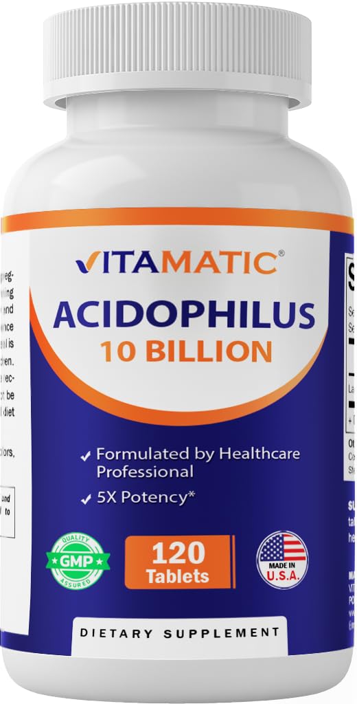Vitamatic Acidophilus Probiotic - 10 Billion CFU - 5X Potency - Daily Probiotic Supplement, Supports Digestive Health - 120 Tablets 120 Count (Pack of 1)