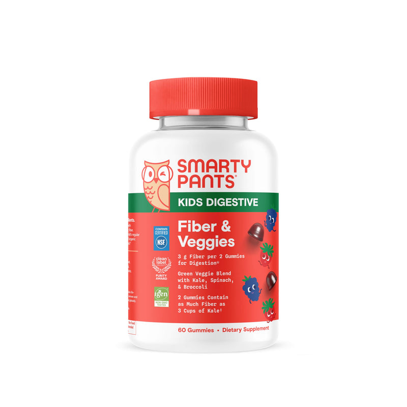 SmartyPants Kids Fiber & Veggies: Prebiotic Fiber Gummies for Kids, Fiber Supplement with Inulin, Organic Green Veggie Blend, Vegan, Gluten Free, Mixed Berry Flavor, 60 Count (30 Day Supply) Fiber + Veggies 60 Count (Pack of 1) - BeesActive Australia