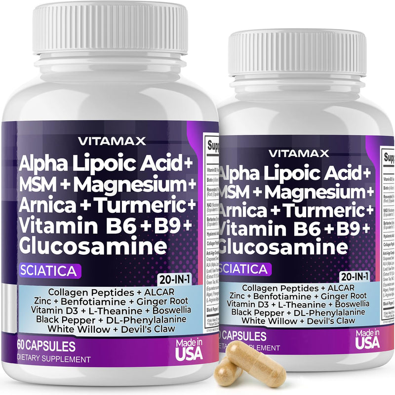 Sciatica Nerve Health Support - Sciatic Nerve Supplement Capsules with Folic Acid, Pea, Glucosamine, MSM, Vitamin B Complex, Alpha Lipoic Acid 300mg - Made in USA (60 Count (Pack of 2)) 60 Count (Pack of 2)