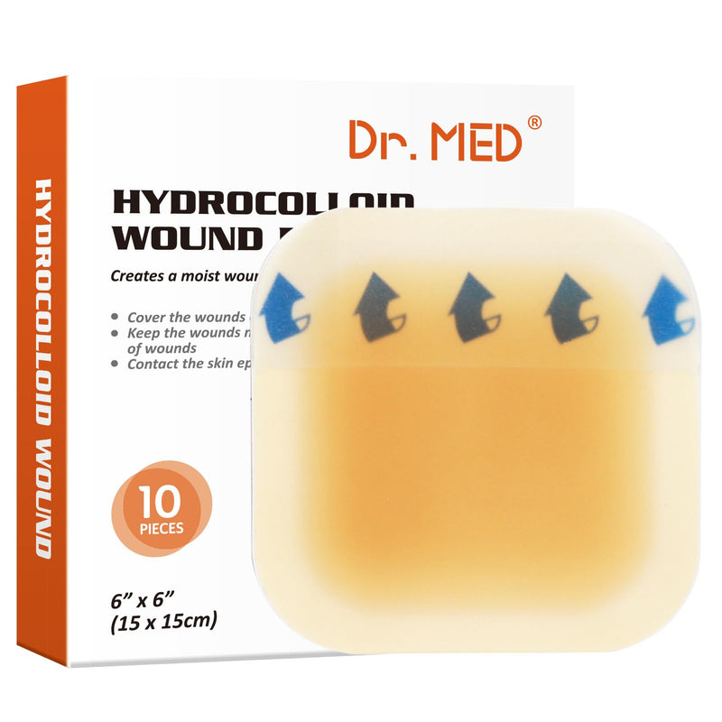 Dr. Med Hydrocolloid Wound Dressing 6"x6"-10 Pack/Box, Waterproof Adhesive Bordered Bandage, for Light Exudate, Abrasions, Pressure Ulcer, Bed Sore, Superficial Wound Care 6"x6" Border