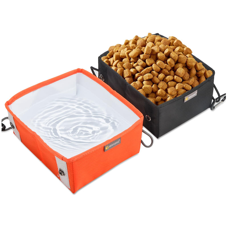 Texsens Collapsible Dog Bowls 2 Pack, Sturdy Reinforced Rim, Portable Travel Dog Bowls for Food & Water, Foldable & Lightweight for Cat Puppy Pet Walking Hiking with 2 Carabiners (Large, Black+Orange) Large - BeesActive Australia