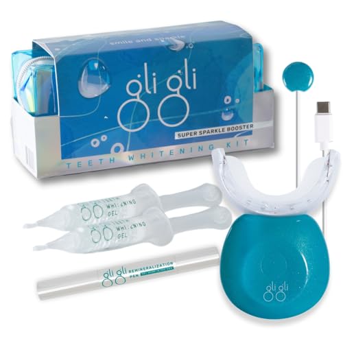 Super Sparkle Booster Teeth Whitening Kit - 2 x 5ml Hydrogen Peroxide 6% Whitening Gel Syringes - Includes Rechargeable LED Whitening Device & Remineralization Pen - 10 to 15 Days Treatment