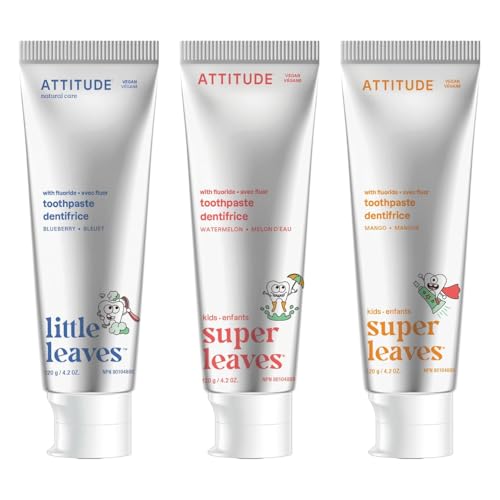 Bundle of ATTITUDE 3 Toothpastes with Fluoride for Kids, Prevents Tooth Decay and Cavities, Vegan, 4.02 Oz Blueberry + Watermelon + Mango