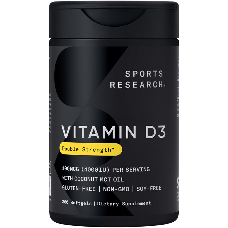 Sports Research® Vitamin D3 4000iu/100mcg with Coconut MCT Oil, 360 Count | Double Strength Vitamin D Supplement | Supports Healthy Bones & Immune Function | Non-GMO · Soy Free - 360 Servings 360 Count (Pack of 1) D3 (4,000 IU)