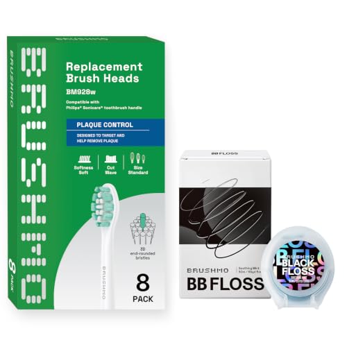 Brushmo Plaque Control Replacement Toothbrush Heads Compatible for Philips Sonicare HX9023 White Bundle with Brushmo Black Woven Expanding Dental Floss, Natural Wax to Prevent Gum Disease