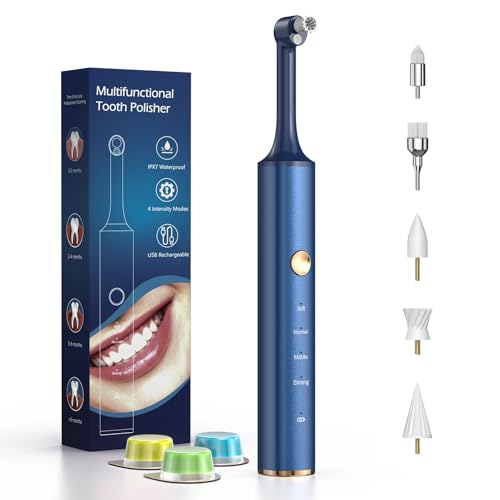 Tooth Polisher, Tooth Whitening Kit for Teeth Cleaning and Whitening, Rechargeable Teeth Polisher for People/Pets,Teeth Cleaning Kit with 5 Brush Heads,4 Speed Modes and LED Light, Waterproof(Blue) Blue