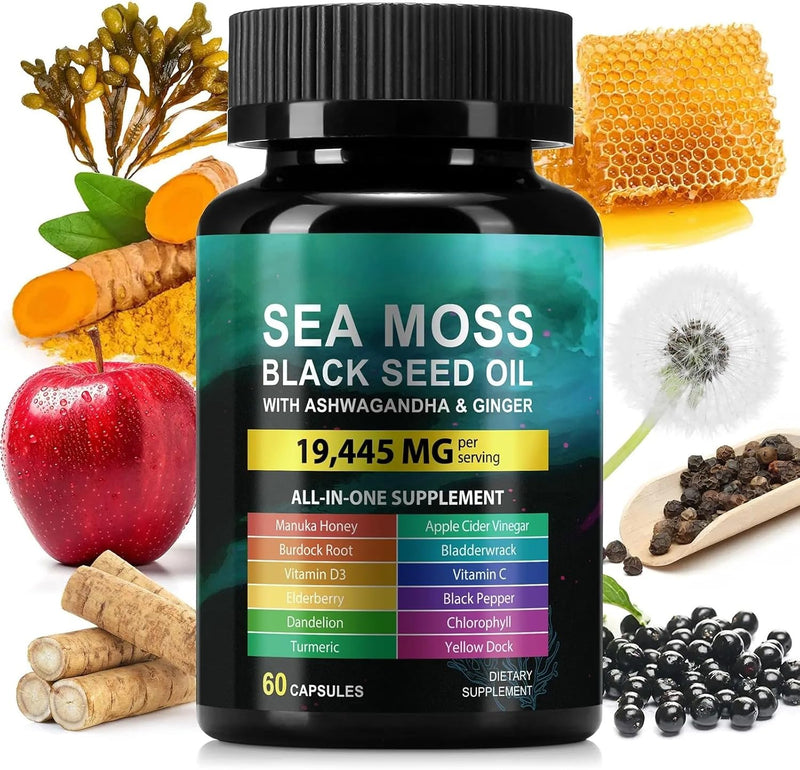Sea Moss 7000mg Black Seed Oil 4000mg Ashwagandha 2000mg Turmeric 2000mg Bladderwrack 2000mg Burdock 2000mg & Ginger Vitamin C Vitamin D3 with Elderberry Manuka Dandelion Yellow Dock Chlorophyll ACV 60 Count (Pack of 1) - BeesActive Australia