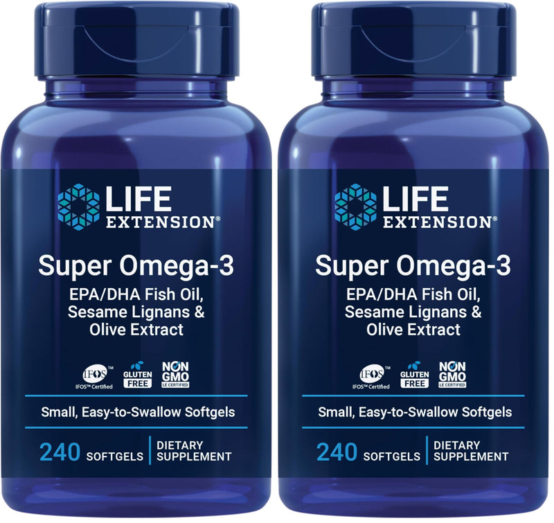 Life Extension Super Omega-3 EPA/DHA Fish Oil, Sesame Lignans & Olive Extract – Heart, Brain, Inflammation Health Support, Gluten-Free, Easy to Swallow, Non-GMO, 240 Softgels (Pack of 2) 240 Count (Pack of 2)