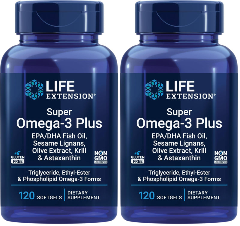 Life Extension Super Omega-3 Plus EPA/DHA Fish Oil, Sesame Lignans, Olive Extract, Krill & Astaxanthin - Heart, Brain & Joint Health Support - Gluten-Free, Non-GMO - 120 Softgels,(Pack of 2) 120 Count (Pack of 2)