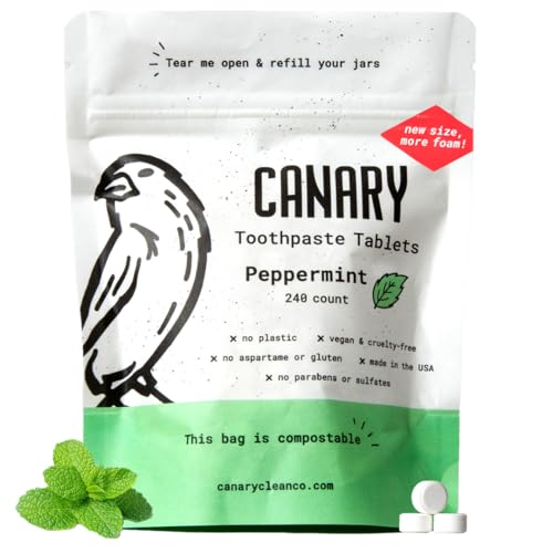 Canary Nano Hydroxyapatite Toothpaste Tablets Peppermint - Remineralizing, Fluoride Free, All Natural Tabs with Xylitol - Great for Travel, Plastic Free - 240 Count 240 Count (Pack of 1)