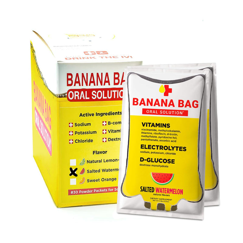 Banana Bag Electrolytes Vitamin Powder Drink Mix, Salted Watermelon 30 Pk | IV-level hydration powder packets w/ Electrolytes + Vitamin C & B-complex. Fast rehydration after exercise & alcohol recovery