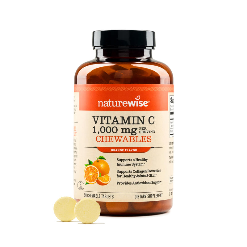 NatureWise Extra Strength Vitamin C Chewable 1000mg for Adults - Natural Orange Flavor - Immune System & Antioxidant Support - Non-GMO, Vegan & Sugar Free - 90 Chewable Tablets[45-Day Supply] 90 Count (Pack of 1)