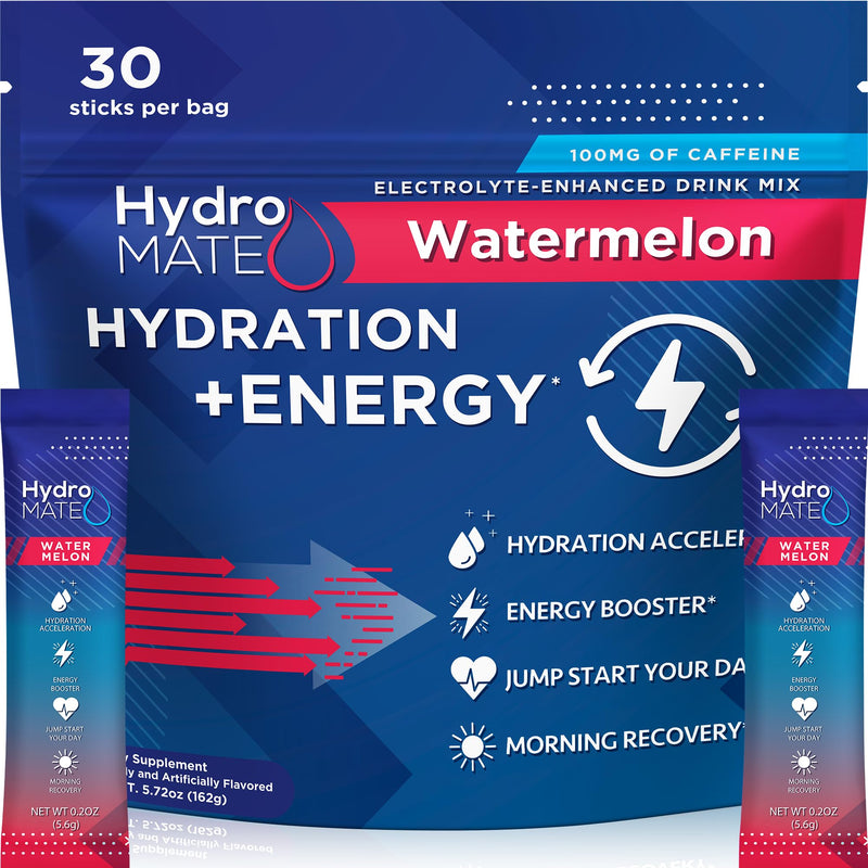 HydroMATE Hydration Electrolytes Packets with Caffeine Watermelon 30 Count | Energy Drink Mix Powder, Potassium Magnesium Zinc, Travel Size Sticks, No Artificial Colors, Keto, 10 Calories 30 Count (Pack of 1)