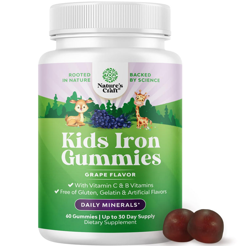 Kids Iron Gummies - Blood Builder Iron Supplements for Kids with Gentle for Stronger Immunity & Energy - Vitamin B12, Folate & Vitamin C Gummies - Vegan GMO & Gluten Free for Toddlers - 60 Count 60 Count (Pack of 1)