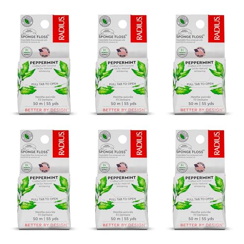 RADIUS Vegan Sponge Floss, Soft Expanding Dental Floss for Sensitive Gums and Tight Teeth, PFAS Free, Vegan, Plastic Free Packaging, 50m / 55 yd, Peppermint, Pack of 6 1 Count (Pack of 6)