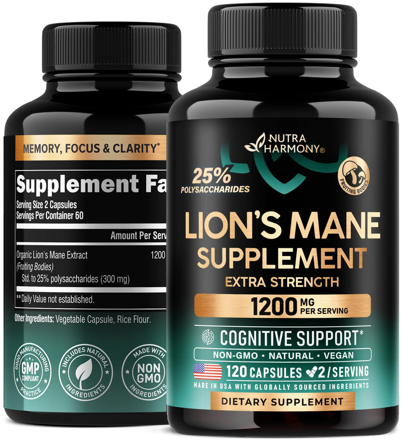 Lions Mane Supplement Capsules - Organic Lions Mane - Made in USA - Fruiting Bodies Extract - 1200 mg, 25% Polysaccharides - Memory & Focus Support - As Lions Powder - 120 Capsules, 2 Month Supply 120 Count (Pack of 1)