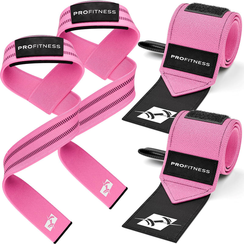 ProFitness Wrist Wraps for Weightlifting with Premium Lifting Straps - Weight Lifting Wrist Wraps and Gym Straps Ideal for Men & Women Workout & Training - Workout Straps with Wrist Support Pink/White