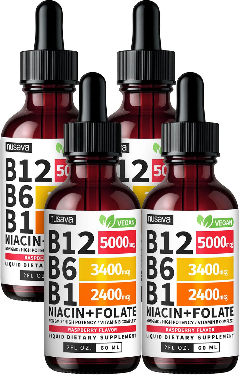 NUSAVA B12 Liquid Drops 5000mcg, Raspberry (Pack of 4) | Energy, Brain and Heart Support, Methylcobalamin B12 with B6, B1, Niacin and Folate, Sublingual Drops for Women and Men 2 Fl Oz (Pack of 4)