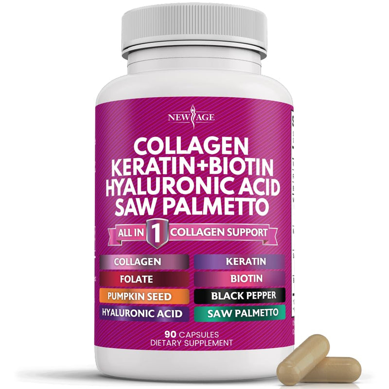 NEW AGE Collagen Pills Biotin Keratin Saw Palmetto Hyaluronic Acid - Hair Skin and Nails Vitamins and DHT Blocker with Vitamin E Folic Acid Pumpkin Seed MSM- 90 Count 90 Count (Pack of 1)