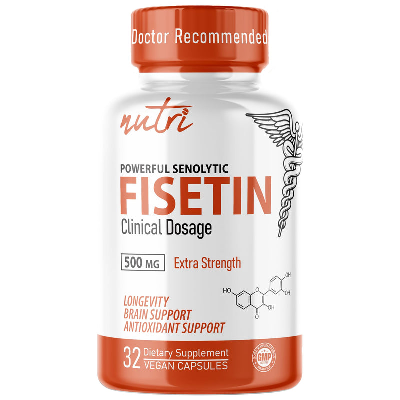 Nutri Fisetin 500mg 32 Count - Clinical Dosage - Fisetin Supplements - Powerful Senolytic Activator, Antioxidant, Heart Support - Natural Polyphenols - Capsules - 3rd Party Tested - GMP Certified 32 Count (Pack of 1)