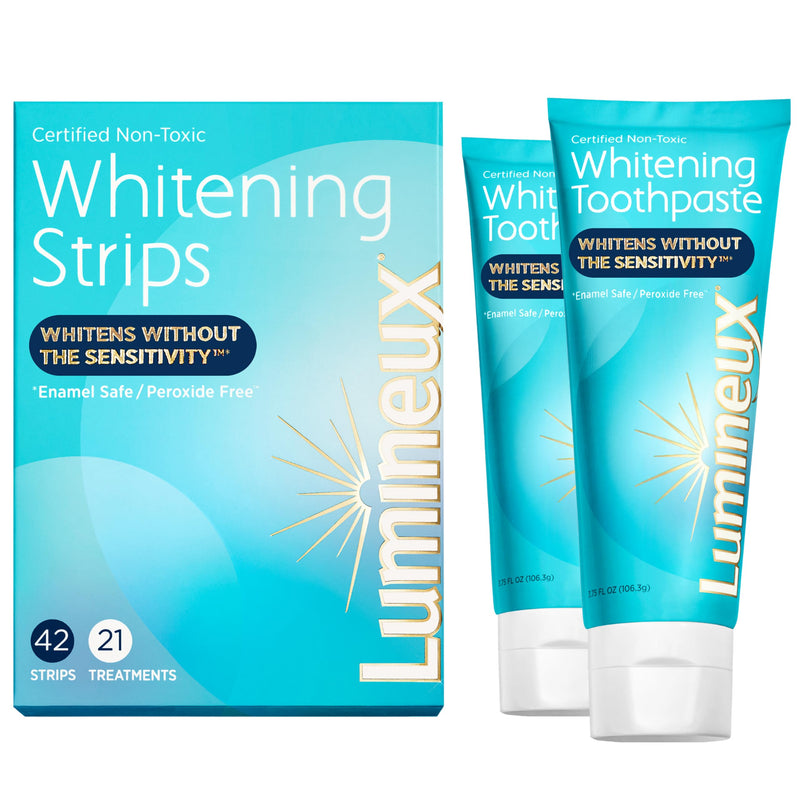 Lumineux Whitening Duo Set – Peroxide Free - Enamel Safe for Whiter Teeth – includes 21 Whitening Treatments & 2 Pack Whitening Toothpaste Certified Non-Toxic, Fluoride Free & Dentist Formulated - BeesActive Australia