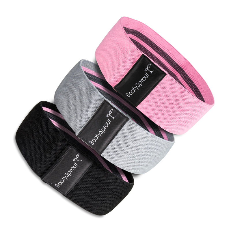 BootySprout Booty Bands 3-Pack for Legs, Glutes, and Lower Body – at Home Gym Equipment for Workouts, Yoga, Stretch Exercises, or Rehab Routines – Pink, Gray, & Black