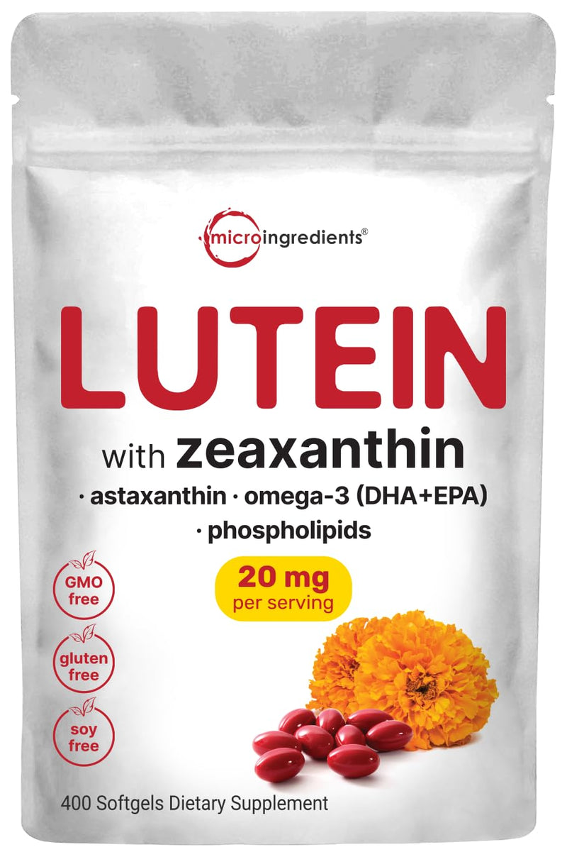 Micro Ingredients Lutein & Zeaxanthin 20mg Softgels, 400 Count, with Astaxanthin, Omega-3s, & Phospholipids | Eye + Vision Health Vitamins | Third Party Tested, Non-GMO, Gluten Free