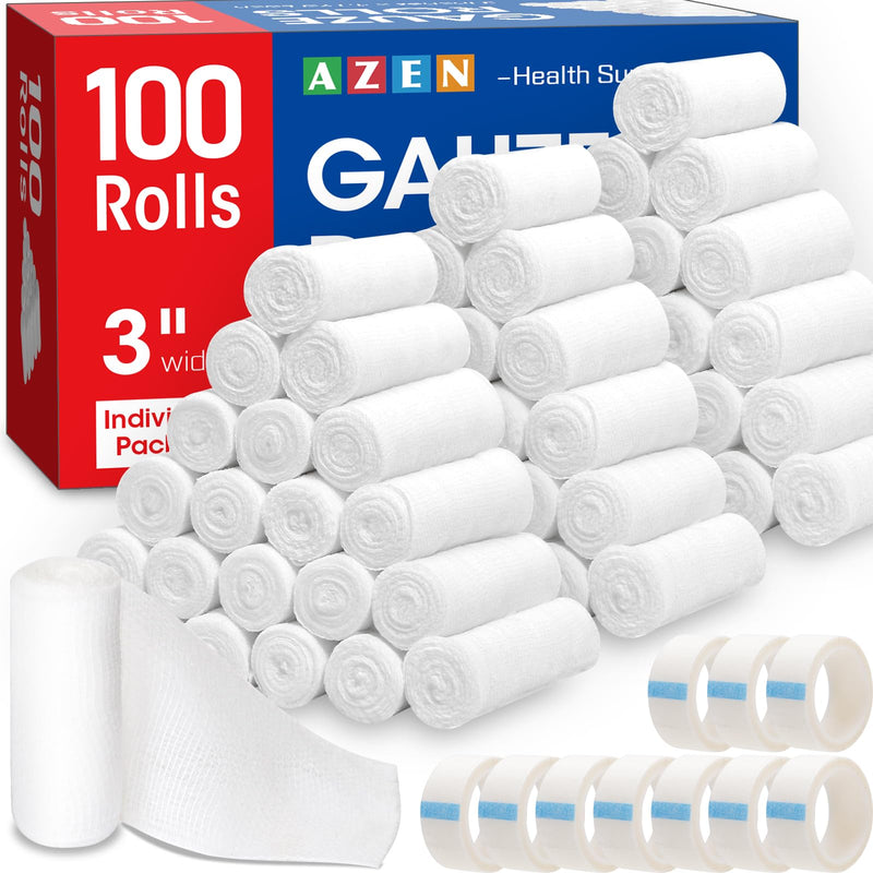 AZEN 100 Pack Gauze Rolls Bandages, 3 in x 4.1 Yards, First Aid Supplies & Premium Medical Supplies, Bandage Wrap Vet Wrap 100p 3IN - BeesActive Australia