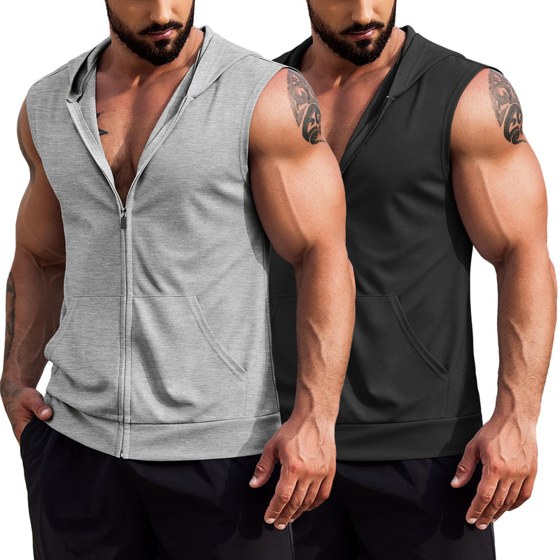 COOFANDY Men's Workout Hooded Tank Tops 2 Pack Zip Up Sleeveless Gym Shirts Muscle Cut Off T Shirt Bodybuilding Hoodies Medium Light Grey/Black(2pcs)