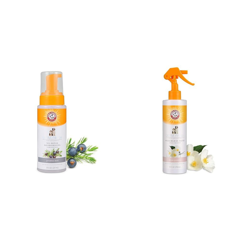 Arm & Hammer Ultra Fresh Bundle: No Rinse Deodorizing Foam, Juniper Mist Scent, 8 Fl Oz & Waterless Bath Spray, White Jasmine Scent, 10 Fl Oz - With Natural Deodorizing Baking Soda - PawsPlanet Australia