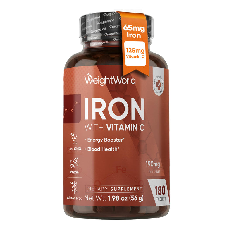 WeightWorld Iron 65mg with Vitamin C 125mg Tablets for Blood Health, Energy & Immune Support | 180 Tablets (6-Month Supply) | Gentle Iron Supplement for Women & Men - Vegan, Non-GMO
