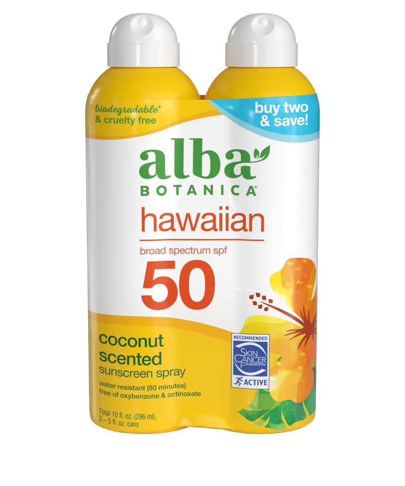 Alba Botanica Hawaiian Coconut Sunscreen, Spray Broad Spectrum SPF 50 Sunscreen, Water Resistant and Biodegradable 5 fl oz Bottle (Pack of 2) 5 Fl Oz (Pack of 2) - BeesActive Australia