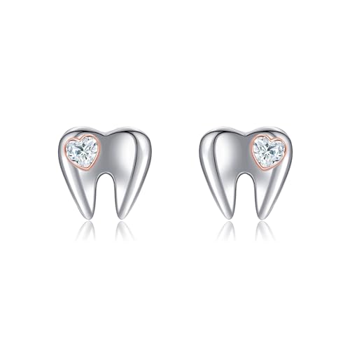 YAFEINI Tooth Earrings Dental Gifts 925 Sterling Silver Heart Tooth Stud Earrings Tooth Jewelry for Women Girls tooth cz earrings