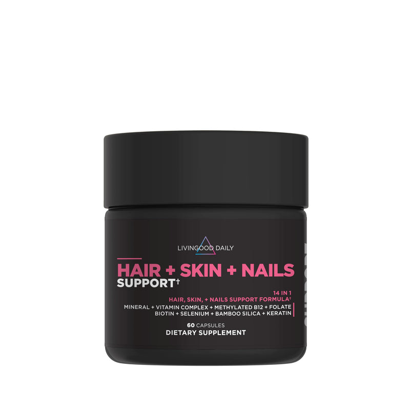 Livingood Daily Hair, Skin & Nails Vitamins, Biotin + Collagen, 60 Capsules | 14-in-1 Supplement for Healthy Hair Growth, Clear Skin, and Nail Strengthener, Biotin + Collagen + Keratin, Made in USA