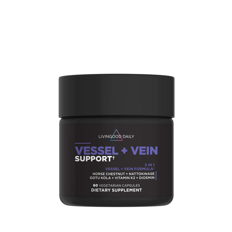 Livingood Daily Vein Support Supplement for Leg, 500mg Diosmin, 60 Capsules | 5-in-1 Vessel + Vein Vitamins for Healthy Blood Circulation, Horse Chestnut, Nattokinase, Gotu Kola, Vitamin K2, Made in USA