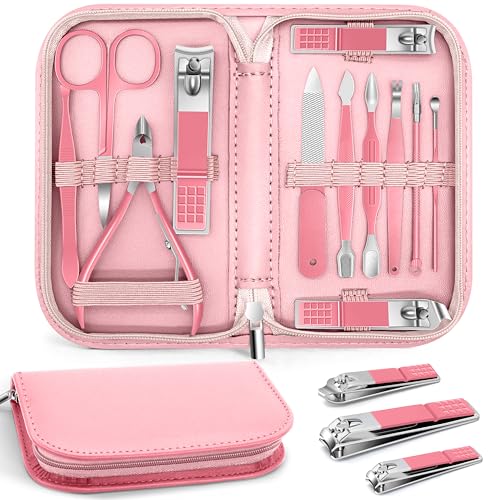 BLESWIN Manicure Pedicure Set, 12 Pcs Nail Care Kit for Women, Mens Nail Grooming Kit, Manicure & Pedicure Tools & Accessories, Pink Nail Kit Manicure Set Luxury Leather Case for Home Salon Use 1-Pink