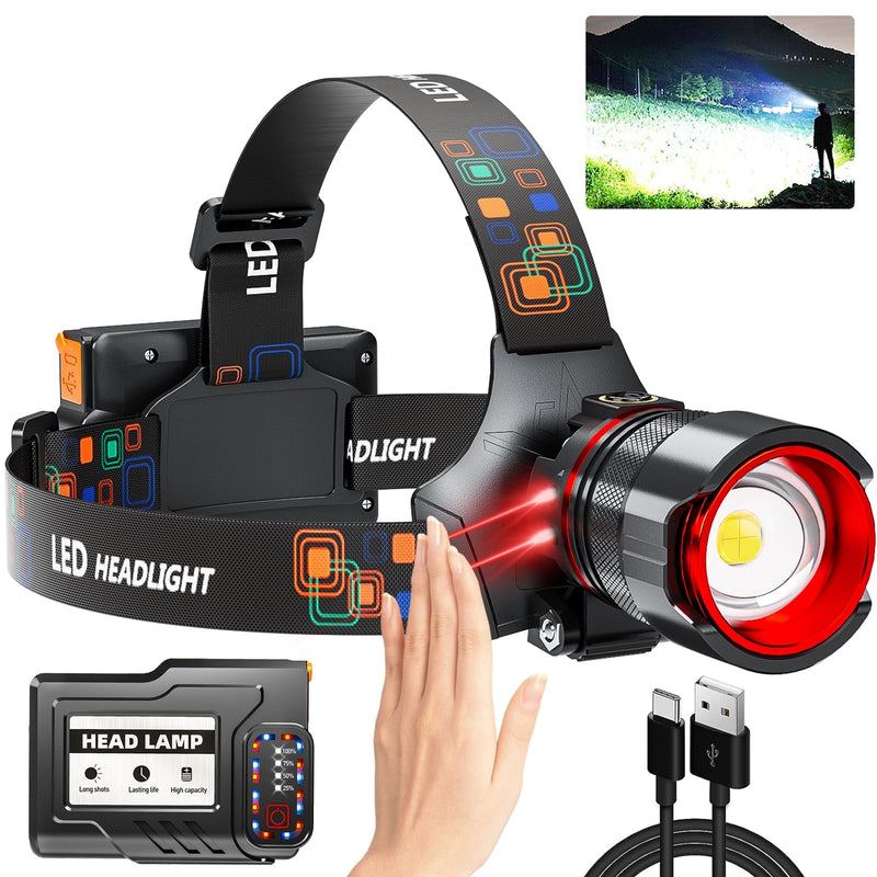 Rechargeable Headlamp 4000 High Lumens, Super Bright LED Head Lamp with Motion Sensor, 12 Modes, IPX7 Waterproof, 125° Adjustable, Zoomable Headlight for Adults, Camping, Cycling, Running T45