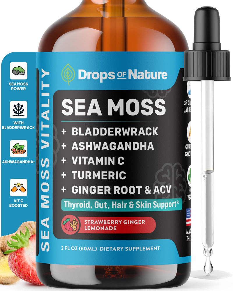 Drops Of Nature Sea Moss Vitality Drops - Strawberry Ginger Lemonade, 60 mL | 7-in-1 Vitality Blend with Seamoss, Ashwagandha, Vitamin C, Tumeric, Apple Cider Vinegar, Ginger & Bladderwrack, Vegan Drops