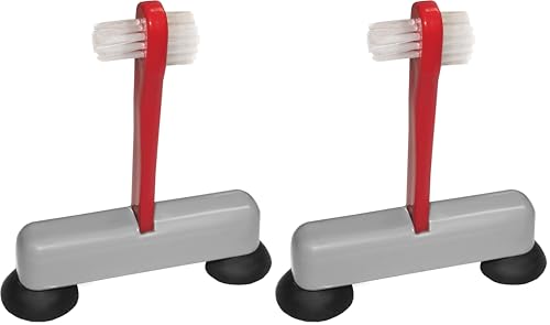 Rehabilitation Advantage Denture Scrub Brush & Suction Cup Holder,Red/Gray (Pack of 2) Pack of 2